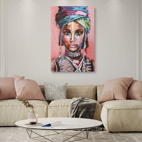 Cultural Splendor - African Art - Wall Decor for Bedroom Wall Art or Living Room Decor. Immerse yourself in the captivating blend of colors and forms that make up this composition. The artist's innovative use of abstract elements creates a visual symphony that pays homage to the traditional attire and adornments of African culture. The vibrant hues and dynamic brushstrokes evoke a sense of movement and vitality, celebrating the spirit and pride of African traditions.