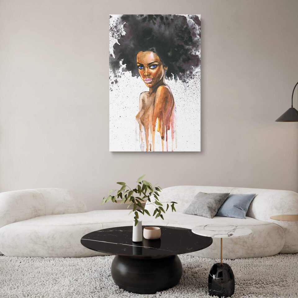 Ink Escapades - Curly Haired Black Woman in a Leaking Portrait - Canvas Prints. The curly-haired black woman is depicted with remarkable detail and depth, exuding a sense of confidence and individuality. What sets this artwork apart is the deliberate incorporation of leaking elements, where the painting seems to blur the lines between reality and abstraction.