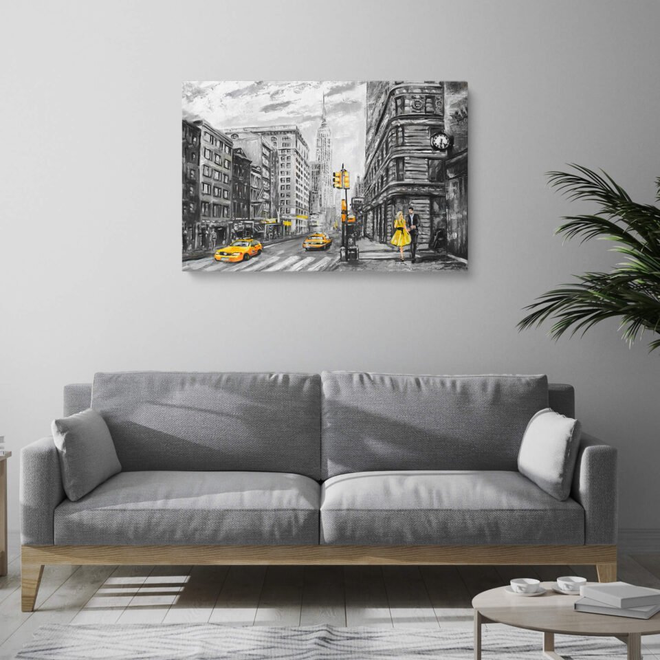 Sunny Strides - Canvas Art - A Vibrant Stroll Through the New York City Boulevard. This stunning artwork beautifully captures the essence of joy and adventure as a beautiful couple takes a leisurely walk along the bustling streets of New York City, dressed in vibrant shades of yellow.