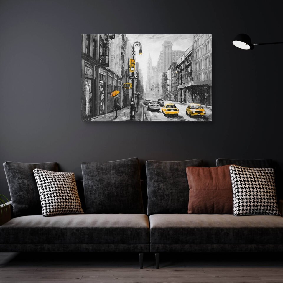 Urban Serenade - Wall Art. "Urban Serenade" is a captivating canvas art print that blends the elegance of monochrome with the vibrant pop of a yellow umbrella. Set against the bustling New York boulevard, this piece adds a touch of sophistication and dynamic energy to any room.
