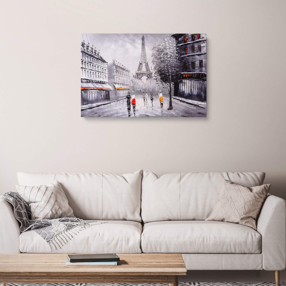 Chic Parisian - Canvas Art - Parisian Promenade towards the Eiffel Tower. This exquisite artwork transports you to the romantic streets of Paris, where beautiful people leisurely walk along the boulevard, their destination set towards the iconic Eiffel Tower. A unique twist adds an artistic flair, as the Eiffel Tower is beautifully rendered in black and white, creating a stunning contrast against the vibrant surroundings.