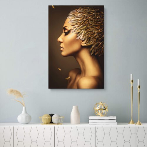 Gilded Serenity - Woman with Golden-Feathered Helmet - Wall Art Prints. The interplay of light and shadow adds depth and dimension to the composition, creating a sense of depth and enhancing the overall visual impact. It serves as a powerful symbol of femininity, grace, and the allure of ancient traditions and mythical aesthetics.