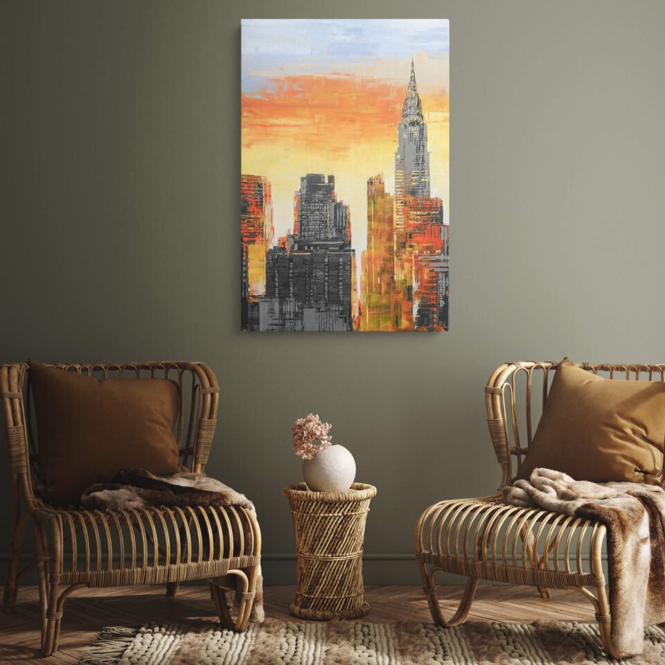 Sleek Manhattan - Canvas Art - Sunset over Manhattan's Majestic Skyscrapers. Bring the vibrant energy of the city into your space and let the colors and skyline transport you to the heart of Manhattan. Whether you're a New York enthusiast or simply appreciate striking artwork, this piece is sure to leave a lasting impression.