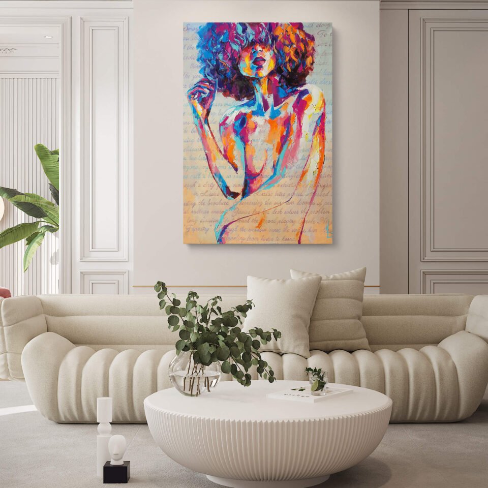 Enigmatic Beauty - A Colorful Painting with a Mysterious Woman - Canvas Wall Art Prints. The artist's skillful use of bold and vibrant colors creates a mesmerizing visual feast for the eyes. The mysterious woman, with her captivating gaze and elegant posture, captivates the viewer's imagination, leaving them with a sense of curiosity and wonder.