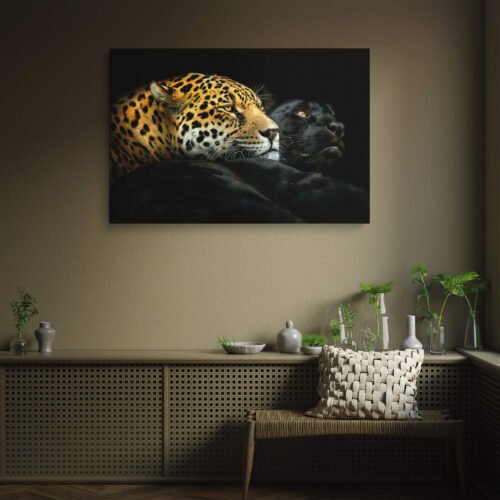 Shadowed Majesty Wall Art - Black Panther and Leopard in Harmonious Balance - Wildlife Wall Art. Introducing our captivating canvas art print, a breathtaking masterpiece that celebrates the untamed beauty and enigmatic allure of these elusive big cats. This stunning artwork showcases a powerful black panther and a majestic leopard, captured in a moment of harmonious coexistence.