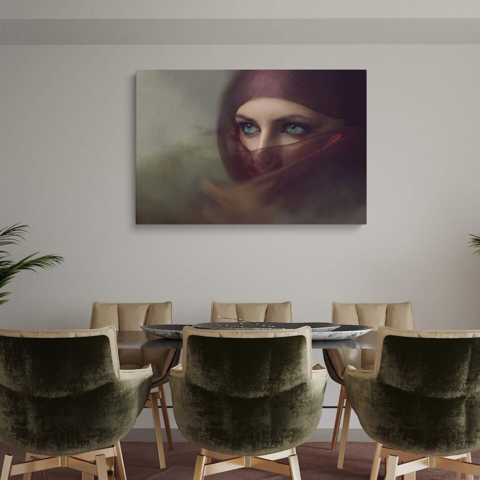 Arabian Woman Canvas Art Print - Islamic Wall Decor with Satin Face Veil and Niqab. The model's gaze, partially veiled by the burgundy fabric, invites you to delve into the mystique and allure of the Arabian world. It is a celebration of femininity, elegance, and the timeless beauty that transcends cultural boundaries.