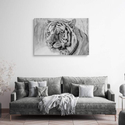 Infinite Majesty - Animal Prints - Monochrome Portrait of the Siberian Tiger on Canvas Art Prints. The monochrome composition adds a timeless and dramatic quality to the image, accentuating the tiger's distinctive features, from its piercing gaze to the intricate patterns on its fur. The contrasting tones create a captivating depth, evoking a sense of reverence for this iconic big cat.