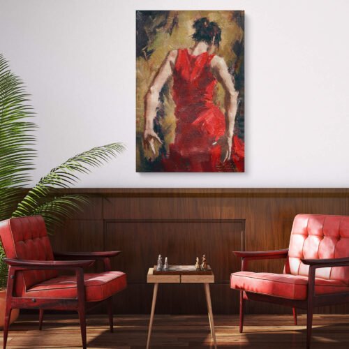 Passion Unleashed: Flamenco Rhythms on Canvas Prints. This stunning artwork depicts a beautiful flamenco woman dancer adorned in a vibrant red dress, exuding grace, elegance, and raw emotion. The intricate brushstrokes and vibrant colors bring her movements to life, transporting you to the heart of a passionate flamenco performance.
