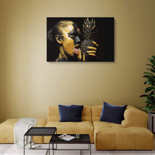 Gilded Beauty - Golden Adornments and Tropical Delights - Canvas Wall Art Prints Let the golden accents and tropical charm transform your surroundings, infusing your space with an air of elegance, allure, and the spirit of adventure. The golden accents on the woman's body create a mesmerizing play of light and shadows, while the pineapple in her hand adds a touch of exotic charm and natural beauty.