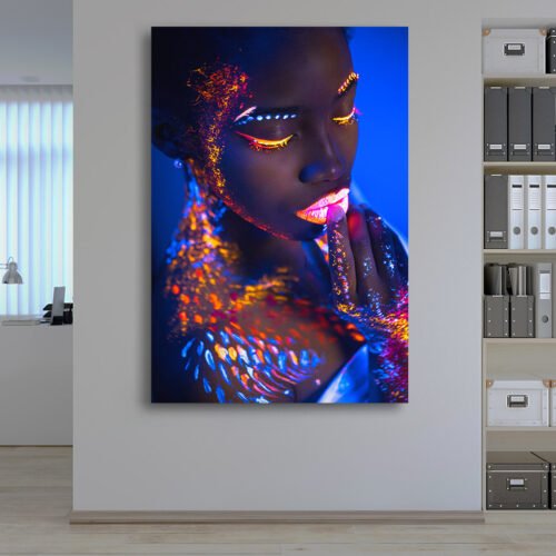Glowing Beauty - Wall art featuring vibrant neon pink colors and a sensual, feminine design with African-inspired elements. This unique piece is ideal for decorating bedrooms and living rooms.