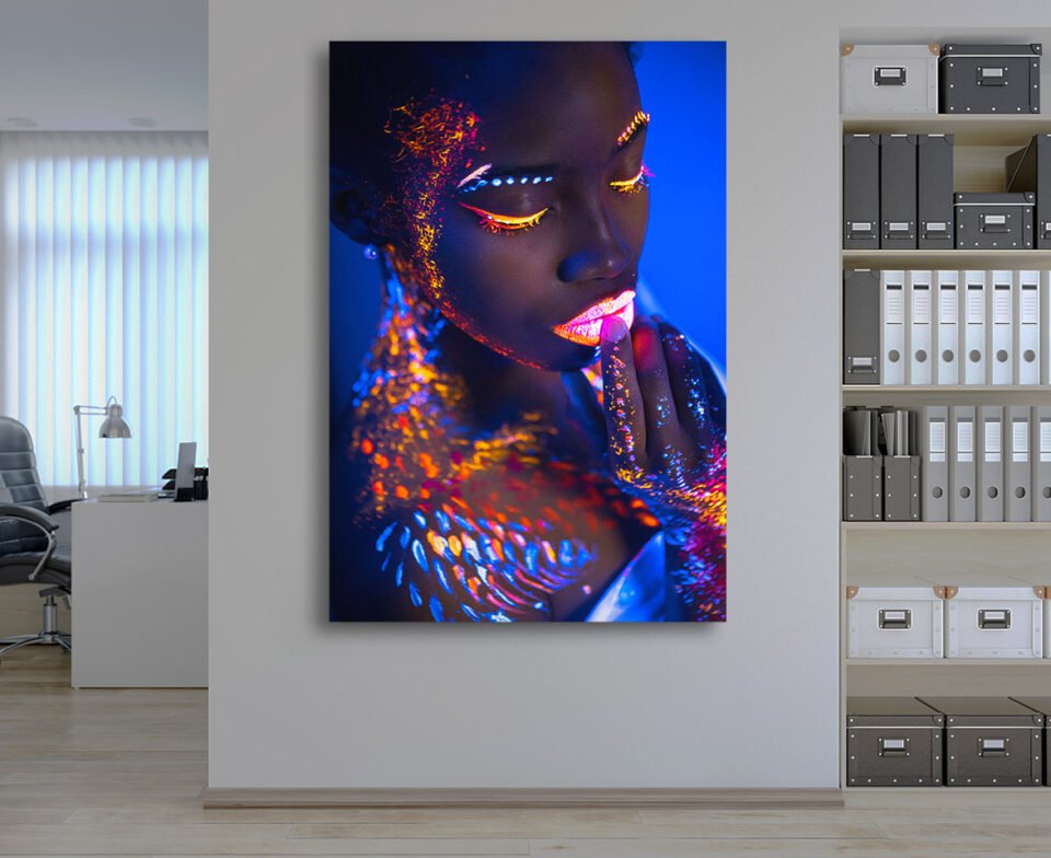 Glowing Beauty - Wall art featuring vibrant neon pink colors and a sensual, feminine design with African-inspired elements. This unique piece is ideal for decorating bedrooms and living rooms.