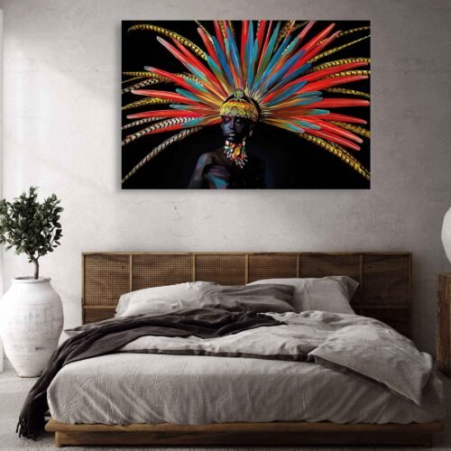 Maya Queen Wall Art - Black Woman in Mayan Ornamental Headdress - Iconic Artwork on Canvas Prints. This home decor print invites you to connect with the vibrant heritage of the Mayan civilization and appreciate the artistry and spirituality behind their ornamental traditions. It serves as a reminder of the resilience and creativity of diverse cultures and the importance of preserving and celebrating their legacy.