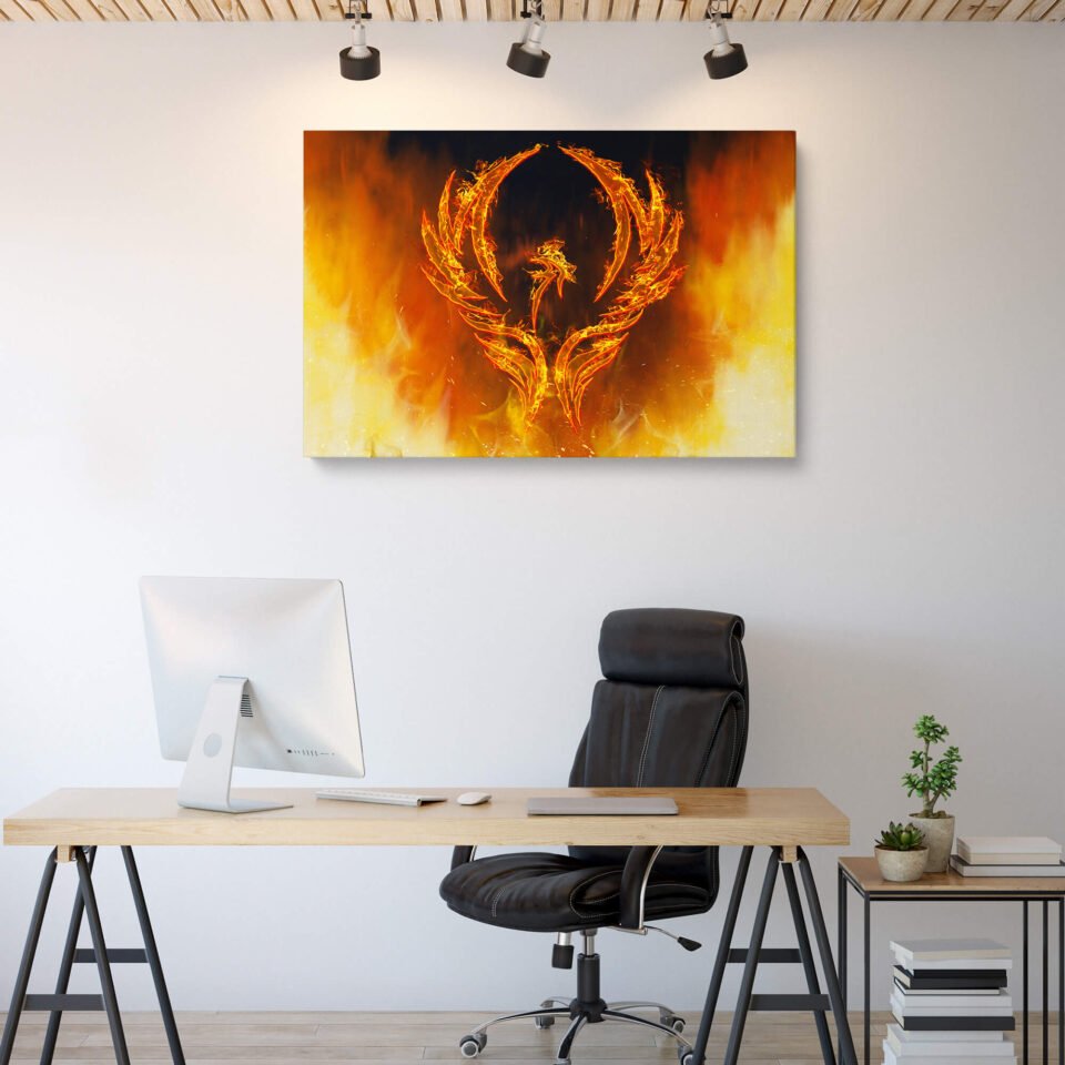 Phoenix in Flames - Canvas Art Prints for Bold Wall Decor. Ignite your space with this Inspiring Mythology Artwork, a striking canvas print showcasing the majestic phoenix rising from the flames. Perfect for bold wall decor, this artwork adds power and elegance to any room.