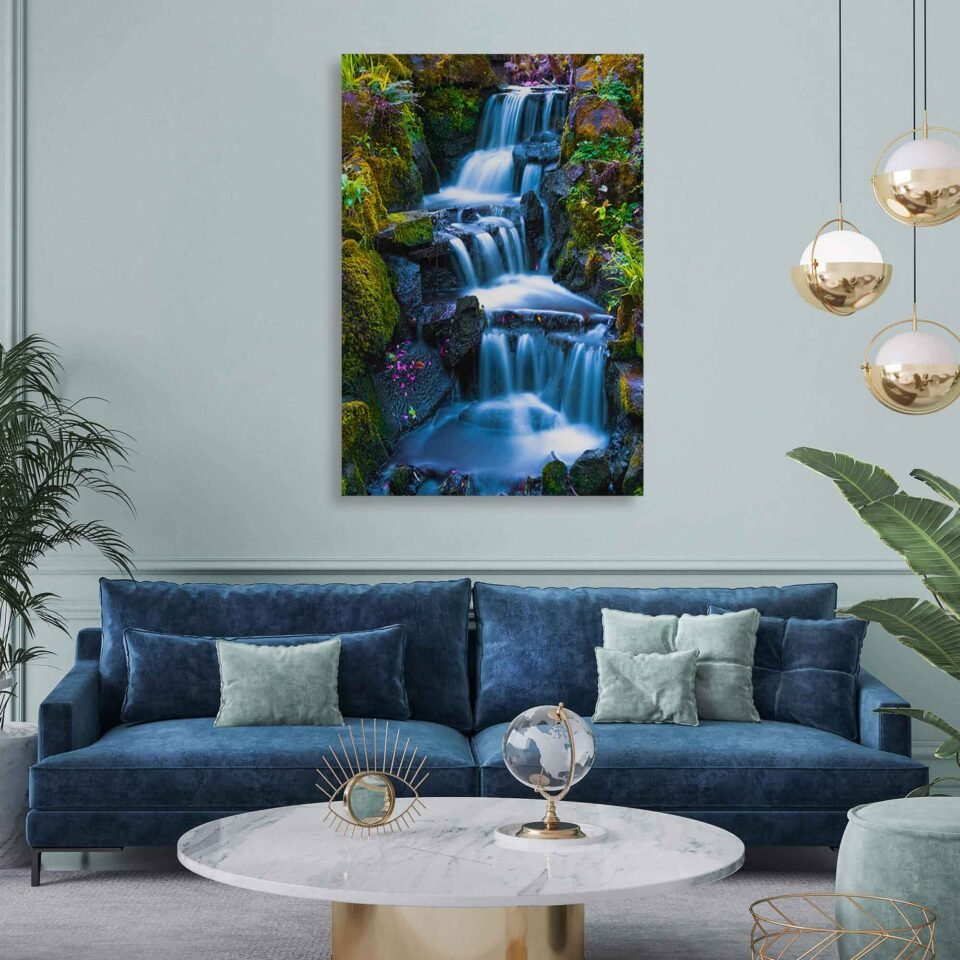 Zen Oasis - Serene Japanese Garden Waterfall - Nature Wall Art Prints Let the soothing beauty of this artwork transport you to a place of relaxation and inner peace, where the gentle sounds of water and the lush scenery invite you to unwind and find harmony in your surroundings.