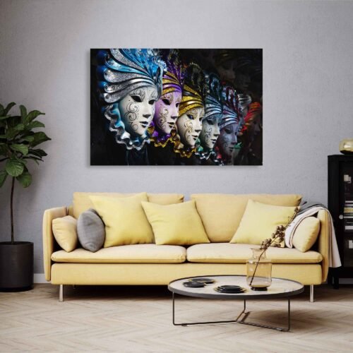 Mystique Masquerade - Venetian Masks in Gold and Blue - Canvas Prints The row of Venetian masks embodies the essence of tradition, disguise, and hidden identities, adding a sense of mystique and sophistication to your surroundings. The harmonious combination of gold and blue creates a visually stunning and harmonious composition that exudes elegance and mystique.