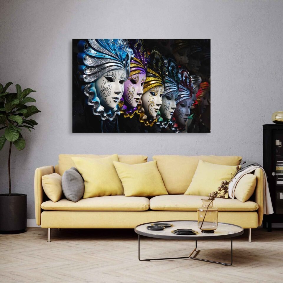 Mystique Masquerade - Venetian Masks in Gold and Blue - Canvas Prints The row of Venetian masks embodies the essence of tradition, disguise, and hidden identities, adding a sense of mystique and sophistication to your surroundings. The harmonious combination of gold and blue creates a visually stunning and harmonious composition that exudes elegance and mystique.