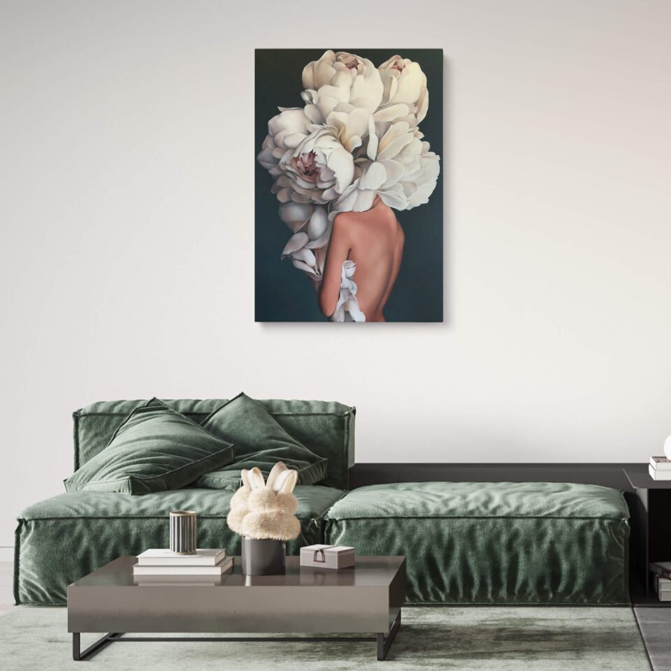 Graceful Whispers - Floral Prints - Modern Model with White Peony Adornment. The white peony, known for its beauty and symbolism of purity, adds an element of natural allure to the artwork. Its presence creates a captivating contrast against the model's skin, accentuating the visual impact and inviting contemplation of the interplay between human form and delicate floral beauty.