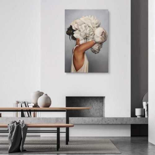White Peony Crowned Lady - Floral Prints Contemporary Elegance Floral Wall Art Prints. The presence of the white peony as a head flower adds a touch of enchantment and symbolism. It represents the harmonious union of human grace and the delicate beauty of nature, inviting the viewer to contemplate the interplay between femininity and floral allure.