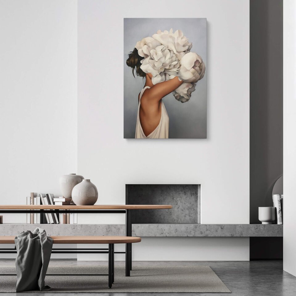 White Peony Crowned Lady - Floral Prints Contemporary Elegance Floral Wall Art Prints. The presence of the white peony as a head flower adds a touch of enchantment and symbolism. It represents the harmonious union of human grace and the delicate beauty of nature, inviting the viewer to contemplate the interplay between femininity and floral allure.