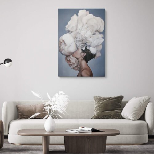 Chic Peony - Floral Wall Art - Abstract Avatar Girl Embracing Nature. Enhance your living space with this chic white peony canvas art. The vibrant floral design adds sophistication and warmth, making it an ideal centerpiece for your living room, especially above the couch. Perfect for modern or classic decor.