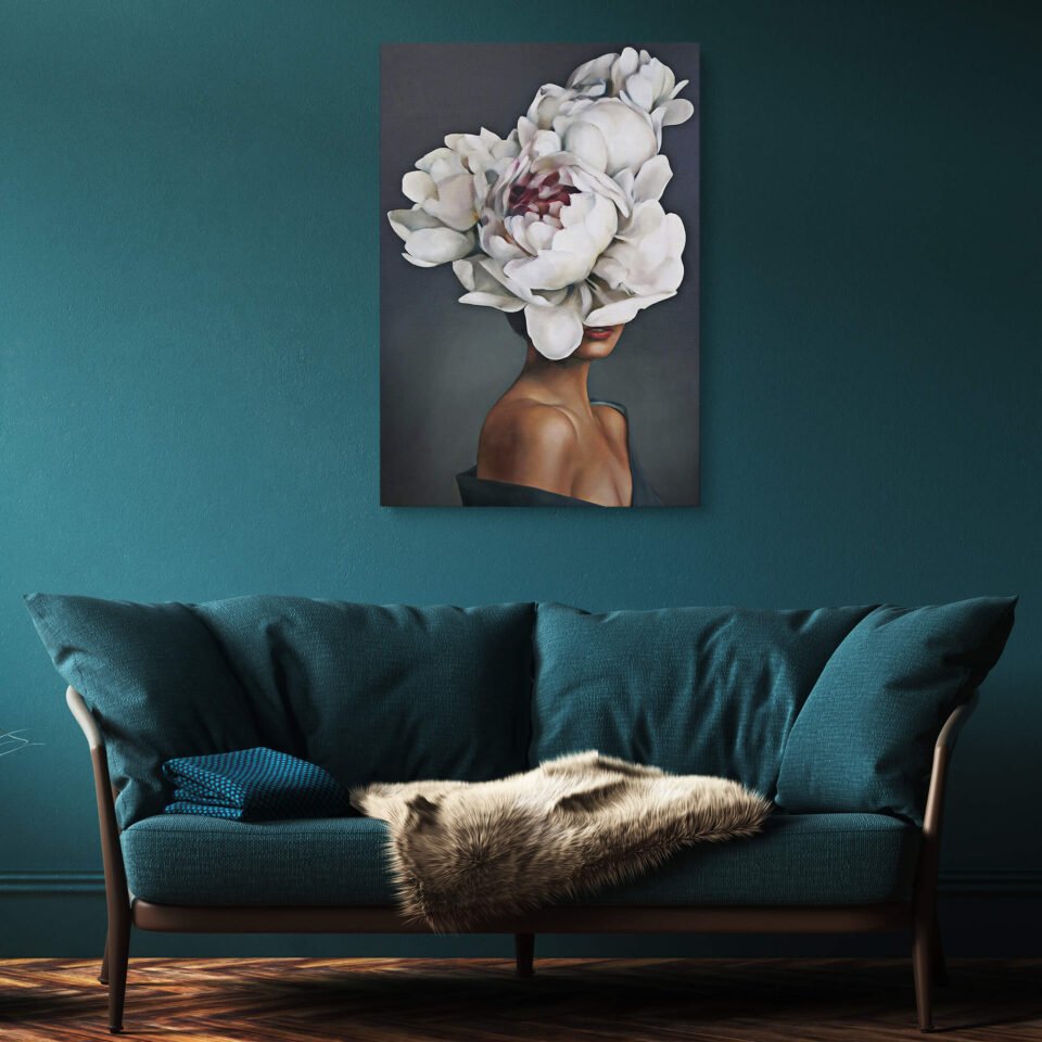 Blooming Grace Floral Prints - An Elegant Portrait of a Flower Adorned Woman -  Canvas Wall Art Prints. The "Blooming Grace" canvas art combines modern portraiture with delicate floral elements, creating a captivating blend of beauty and artistry. Perfect for living rooms or bedrooms, this wall art adds a touch of elegance and sophistication to any space.