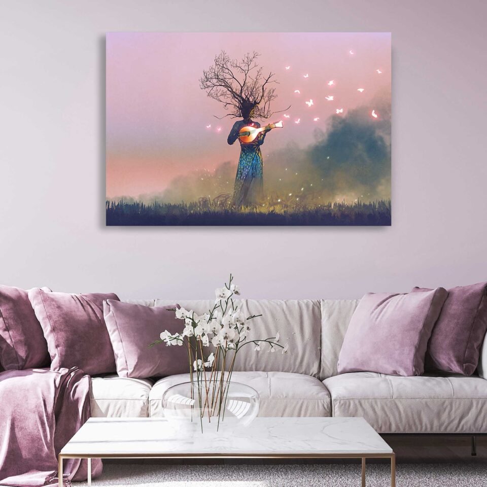 Mystical Melodies - The Enchanted Banjo - Canvas Wall Art Prints. Witness the enchantment as a mystical creature, adorned with a branch head, plucks the strings of a magic banjo, creating melodies that resonate through the air. The scene comes alive with vibrant colors and glowing butterflies, transporting you to a realm where music and magic intertwine. Add a touch of enchantment to your space with this mesmerizing wall art that sparks imagination and invites you to embrace the wonders of the unknown.