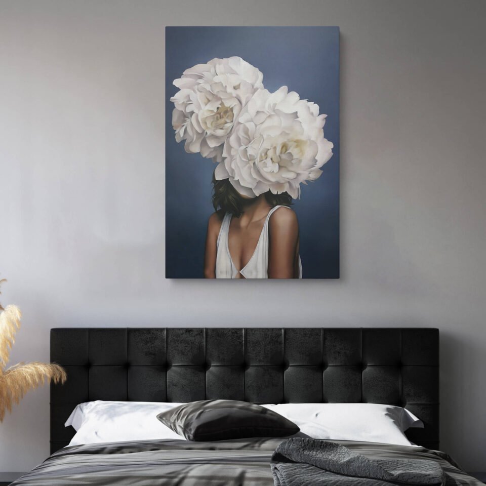 Floral Elegance - Floral Wall Art - The Veiled Beauty of White Peony Masks. Transform your space into a sanctuary of beauty and sophistication with this remarkable artwork. Let the veiled beauty of the white peony masks transport you to a realm where nature's blooms embrace the human form in a delicate dance of artistry and grace.