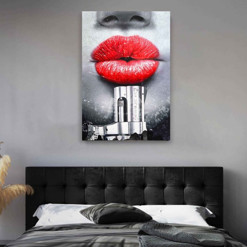 Femme Fatale - Noir Elegance - Sensual Wall Art. Add a touch of mystery and sophistication to your space with this remarkable artwork that will surely leave a lasting impression on all who behold it. The contrasting black and gray tones create a timeless aesthetic, while the vibrant red lips serve as a focal point, drawing attention and evoking passion.
