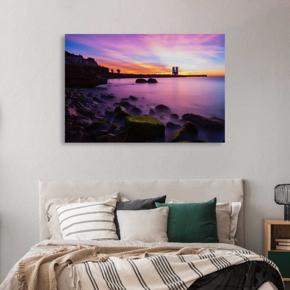 Captivating Sunset Bay - Golden Horizon - Canvas Prints. Immerse yourself in the beauty of nature with this breathtaking landscape captured at the perfect moment. This canvas print showcases an amazing sunset bay, where the merging hues of gold, orange, and crimson paint the sky in a mesmerizing display.