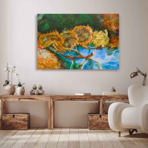 Sunflowers -  Vincent van Gogh's Famous Painting - Reproduction on Canvas Print. Let the vibrant colors, the dynamic brushwork, and the timeless beauty of van Gogh's sunflowers transport you to a realm of artistic wonder, where the spirit of one of history's greatest painters is forever captured.
