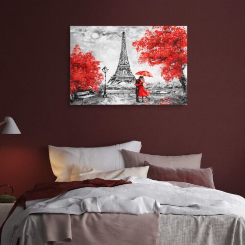 Eternal Love - Landscape Wall Art - A Romantic Embrace Amidst Red Trees and the Monochrome Eiffel Tower on Canvas Art Prints. Capture the essence of eternal love with this stunning canvas art print. Featuring a romantic embrace amidst vibrant red trees and the iconic monochrome Eiffel Tower, this artwork adds a touch of timeless elegance and passion to any space.