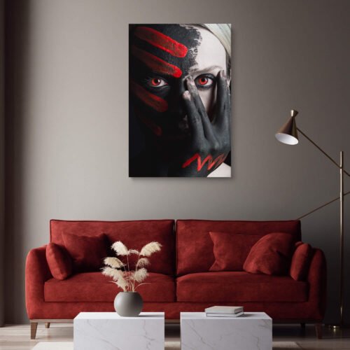 Crimson Ignition Canvas Art Prints - The Fiery Essence of the Fourth Element - Canvas Wall Art Prints. Immerse yourself in the mesmerizing depiction of elemental energy and artistic expression. The black-painted face serves as a canvas for the fiery red accents, which dance and flicker with intensity, evoking the essence of fire's transformative force. The composition captivates the viewer, drawing them into a world of vibrant passion and unrestrained power.