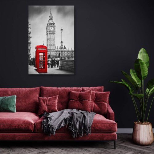 London Calling - Wall Decor - Red Telephone Booth and Big Ben in Monochrome. The black and white background adds a touch of vintage elegance to this captivating scene. Display this artwork in your space to evoke a sense of British heritage and urban allure.