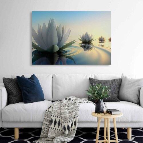 Serene Reflections Wall Art - The Grace of White Waterlily -  Floral Prints. The serene atmosphere and the gentle ripples on the water create a sense of calm and serenity, making it a perfect addition to your home or office decor. The high-quality canvas print ensures vibrant colors and intricate details, while the durable frame adds a touch of elegance. Immerse yourself in the beauty of nature and bring a sense of peace and serenity to your space with this captivating artwork.
