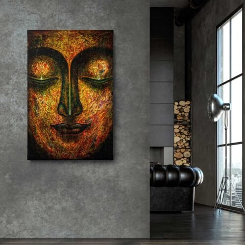 Transcendent Serenity: Abstract Buddha Face on Canvas Print. This stunning reproduction of abstract Buddha face painting captures the essence of serenity and spirituality. The intricate brushstrokes and vibrant colors bring the artwork to life, making it a perfect addition to any space seeking a sense of calm and contemplation.