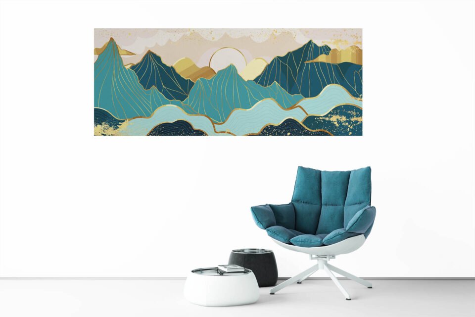 Golden Horizon - Luxury Mountain Landscape - Panoramic Wall Art Prints Featuring a captivating mountain landscape design in golden hues, this artwork brings a touch of luxury and elegance to any space. The intricate line art adds a unique and contemporary twist, making it a perfect statement piece for your home or office.