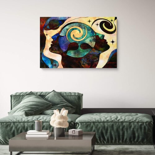 Ethereal Bond - Abstract Art - Soulmate Canvas Wall Decor - Bedroom Prints Framed Art. This captivating artwork beautifully captures the ethereal bond that exists between knowledge, unity, and the inner cosmos, offering a visual journey into the depths of the universe.