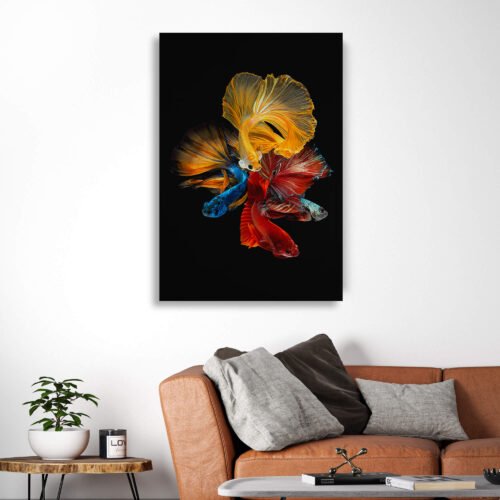  Betta Fish Fine Art - Canvas Prints Art Movement for Home Decor. Immerse yourself in the vibrant beauty of aquatic life with our captivating canvas print featuring a close-up of a Betta fish, also known as a Siamese fighting fish. This stunning artwork captures the intricate details and flowing movement of the Betta's fins, making it a striking piece for any space. 