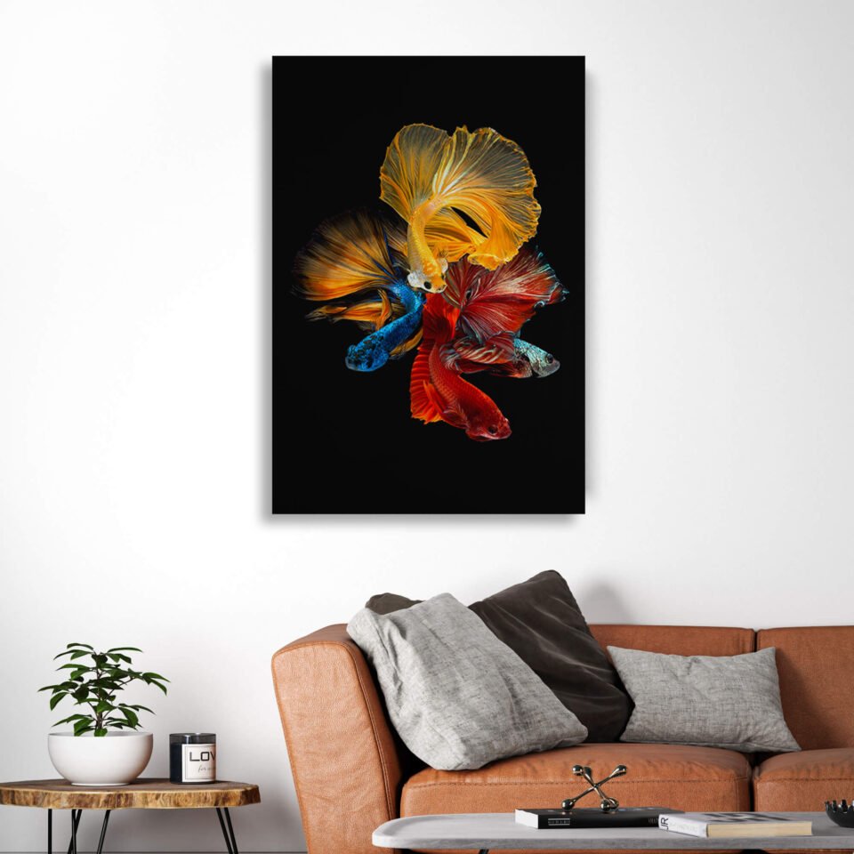  Betta Fish Fine Art - Canvas Prints Art Movement for Home Decor. Immerse yourself in the vibrant beauty of aquatic life with our captivating canvas print featuring a close-up of a Betta fish, also known as a Siamese fighting fish. This stunning artwork captures the intricate details and flowing movement of the Betta's fins, making it a striking piece for any space. 