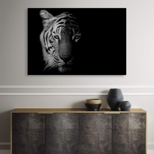 Regal Grace - Black and White Head Portrait of the Siberian Tiger - Canvas Art. From the intricate patterns on its fur to the intensity in its eyes, the monochromatic composition adds timeless elegance, enhancing the tiger's noble presence and highlighting its distinctive features.