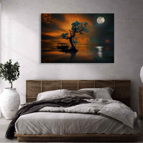 Majestic Moonlit Wonder - The Amazing Tree - Nature Wall Art Prints This captivating artwork showcases a magnificent tree standing tall under the ethereal glow of the moonlight. The intricate details and serene ambiance of the scene will transport you to a tranquil and magical world.