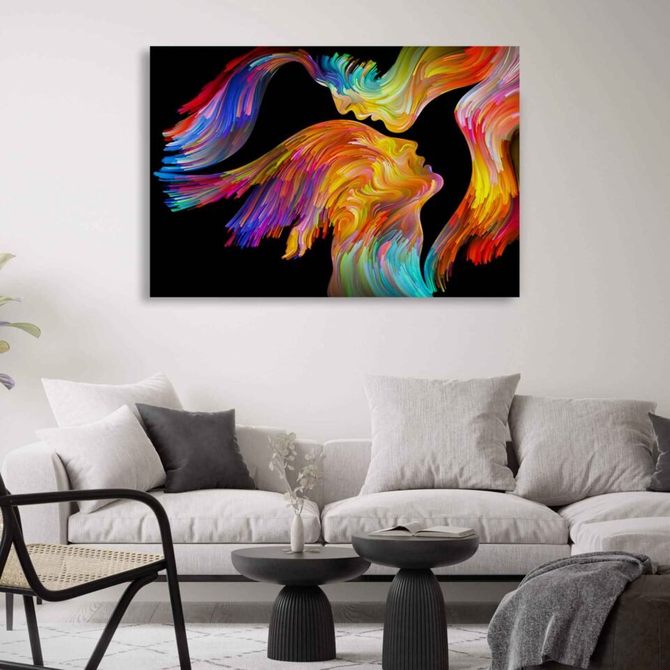 Colorful Swirls Romantic Concept - Artistic Brush Strokes on Canvas Prints. The colorful swirls and negative space come together to form male and female profiles, symbolizing the interplay of relationships and the complexities of human connections. The inclusion of bird profiles adds an element of freedom and harmony, representing the idea that love and art transcend boundaries.