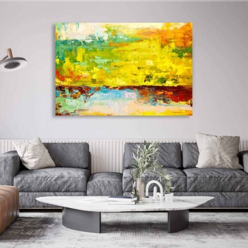 Green and Yellow - Canvas Wall Art. Bring the essence of nature into your space with this framed canvas art. Featuring dreamy green and yellow hues with swirling brush strokes, this large modern print adds a serene and stylish touch to any room.