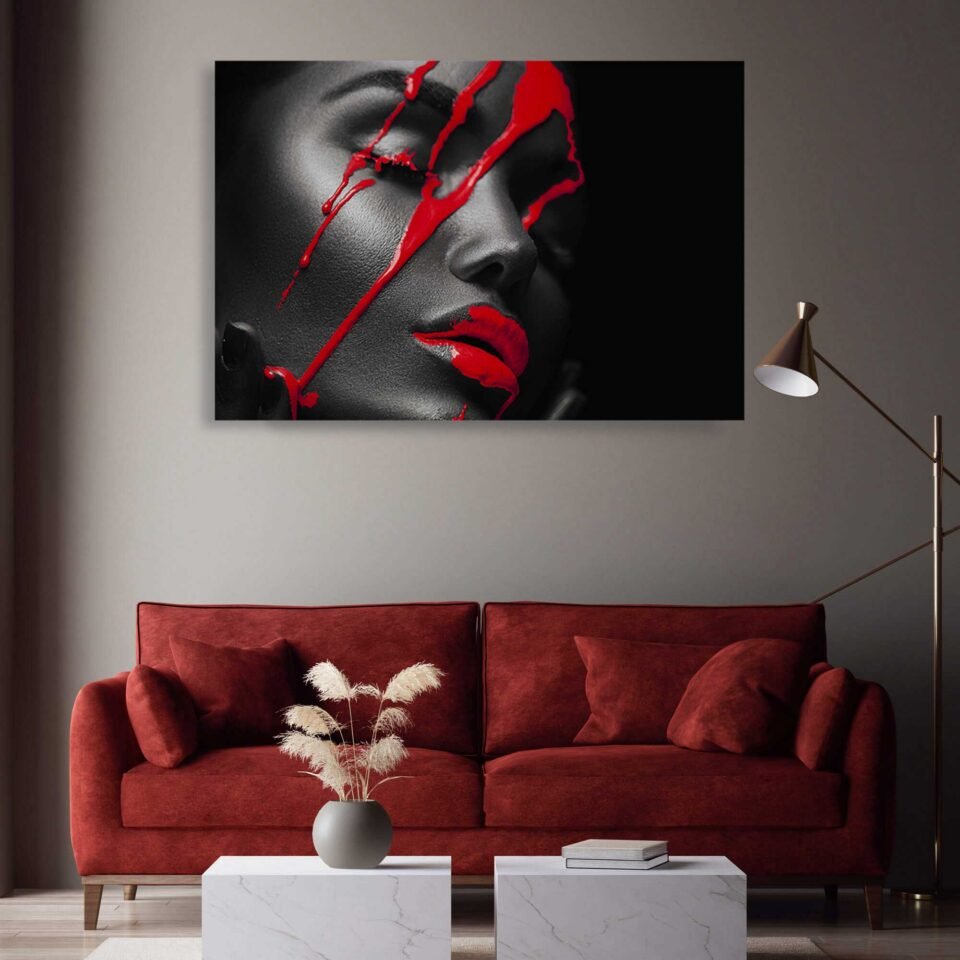 Crimson Elegance Canvas Art Prints - The Enigmatic Beauty with Dripping Red - Canvas Wall Art Prints. Step into a realm of intrigue and allure as you explore this captivating artwork. The model's alluring gaze and the dramatic contrast of the black makeup against her skin evoke a sense of mystery and sophistication. The dripping red liquid adds a dynamic element, symbolizing passion and intensity.