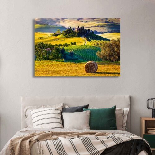 Hills of Tuscany - Landscape Wall Art - Majestic Castle atop Verdant Valleys. The picturesque landscape transports you to the heart of Tuscany, where the vibrant colors and gentle contours of the hills create a sense of tranquility and harmony. The castle perched atop the hill serves as a timeless symbol of strength and elegance, offering a glimpse into the rich cultural heritage of the region.