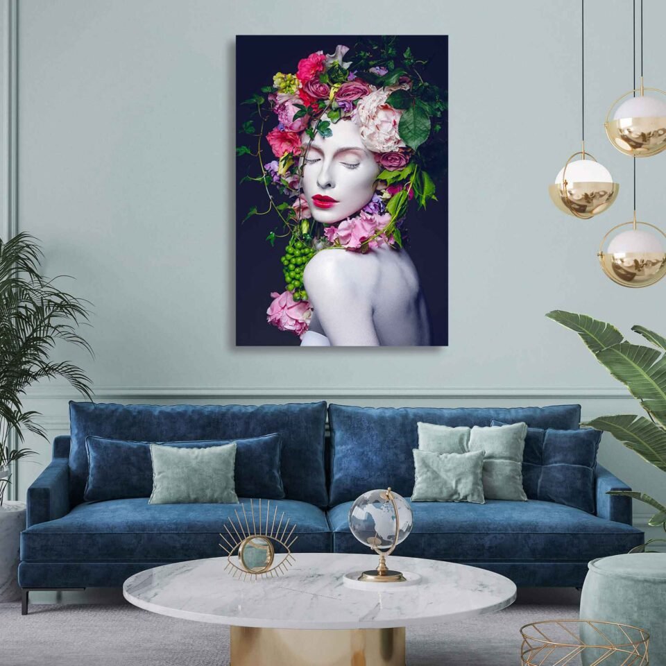 Blooming Majesty Wall Art - The Floral Reign of a Beautiful Flower Queen - Wall Art Prints. The woman's serene presence emanates grace and elegance, perfectly harmonizing with the vibrant colors and intricate textures of the flowers adorning her head. Each petal and leaf is meticulously captured, ensuring a lifelike representation that celebrates the beauty of nature.
