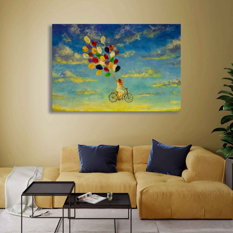 A Joyful Ride - Girl on a Bicycle with Colorful Balloons Pedaling Through the Sky - Canvas Wall Art Prints. Step into a world of pure joy and whimsy as you behold this captivating scene. The artist's masterful brushstrokes and vivid color palette bring the painting to life, evoking a sense of wonder and playfulness. The girl's radiant smile and flowing dress exude contagious happiness, while the multi-colored balloons create a mesmerizing visual spectacle that fills the sky with vibrant hues.