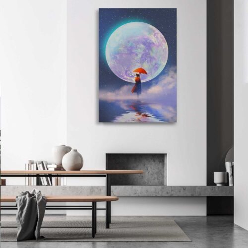 Midnight Stroll Canvas Wall Art - Woman With Red Umbrella Framed Prints for Bedroom or Living Room. This beautiful piece of art is a framed Canvas Print featuring a stunning image of a girl with a red umbrella caught in a "Dance with the Moon and the Sea"