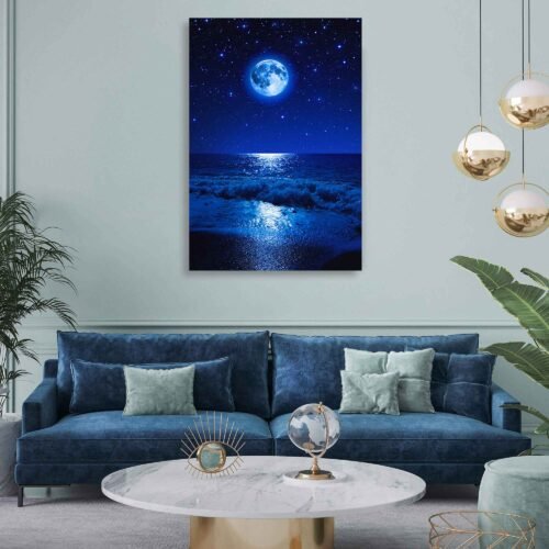 Lunar Symphony - Nocturnal Serenity of Moonlit Skies and Sea Reflections - Canvas Wall Art Prints. This exquisite artwork transports you to a tranquil night scene where the sky is adorned with a full moon, casting its ethereal glow upon the calm waters below. The reflection of the moon in the sea creates a mesmerizing dance of light and tranquility.