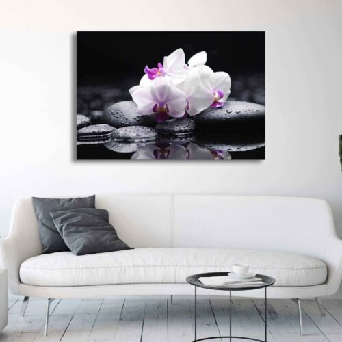 Serene Elegance: Floating White Orchid on Black Stones - Wall Art on Canvas Prints. This Serene Elegance Floral Print showcases a floating white orchid on black stones, symbolizing the balance between grace and strength. The orchid's resilience contrasts with the stones' stability, creating a harmonious and captivating visual.